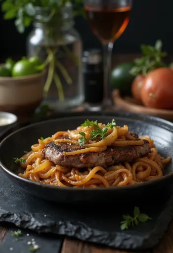Bistec Encebollado geserveerd met ui en bijgerecht