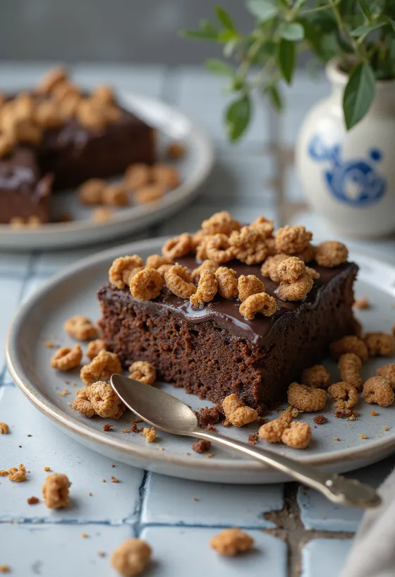 Chocolade crunch taart aangesneden op een bord