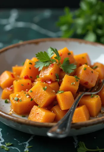 Gekookte zoete aardappel met chili, kruidig groentegerecht met koriander
