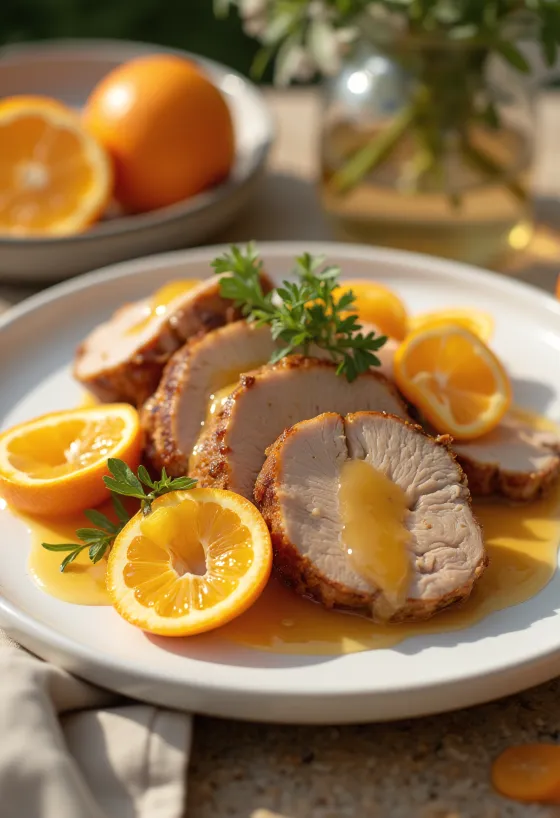 Eendenborst in sinaasappelsaus geserveerd