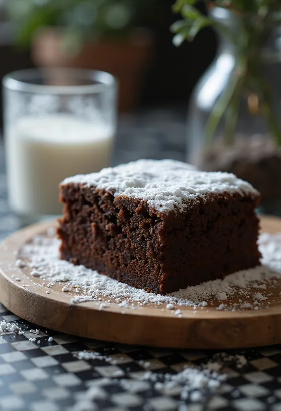 Cacao cake in plakjes gesneden, bestrooid met poedersuiker
