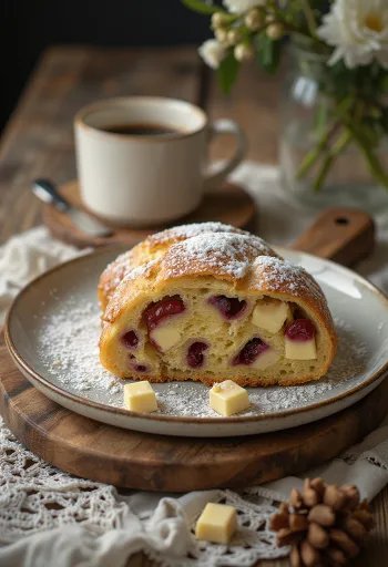 Stol met koffie en witte chocolade plakjes geserveerd