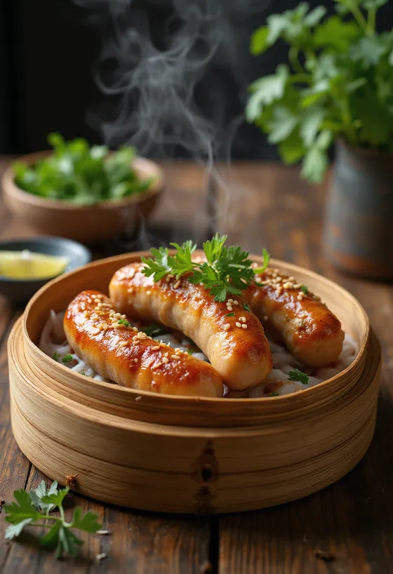 Lạp xưởng met kip, vers gestoomd, geserveerd met koriander en limoen