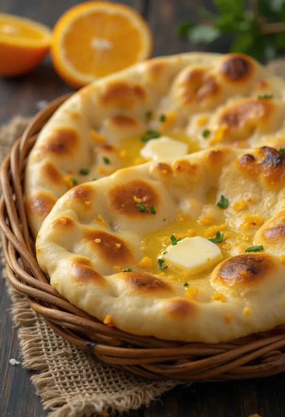 Naan met sinaasappel versierd met sinaasappelaroma, warm geserveerd
