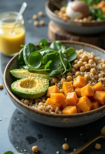 Pompoen-quinoa Buddha bowl met verse groenten