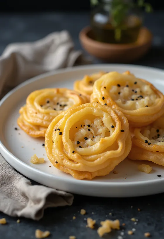 Vers gebakken Achappam kokosballetjes in goudbruine kleur, gerangschikt in een schaal.