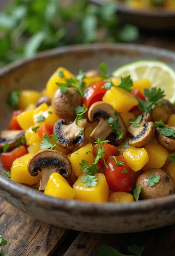 Ackee en paddenstoelen, een heerlijk gerecht geserveerd met verse koriander en schijfjes limoen