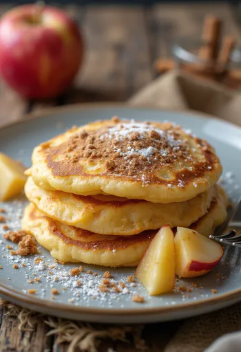 Vers gebakken appelpannenkoeken bestrooid met kaneelsuiker