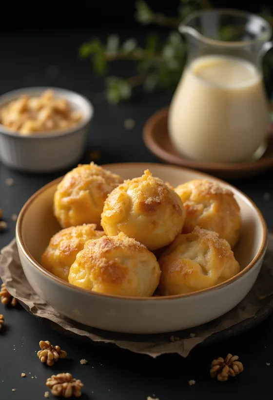 Traditionele Aranygaluska met vanillesaus, walnootlaagjes en luchtig deeg.