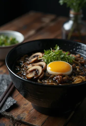 Zwarte knoflook ramen geserveerd