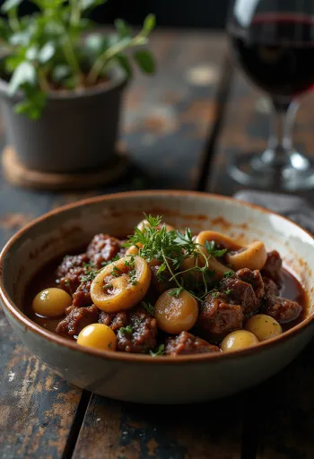 Boeuf Bourguignon geserveerd met aardappelpuree