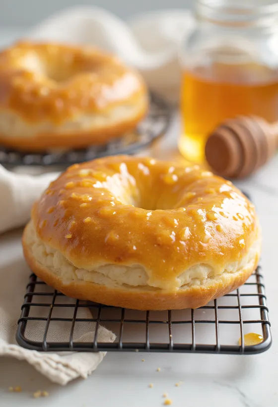 Versgebakken bagel met honing en sabayon