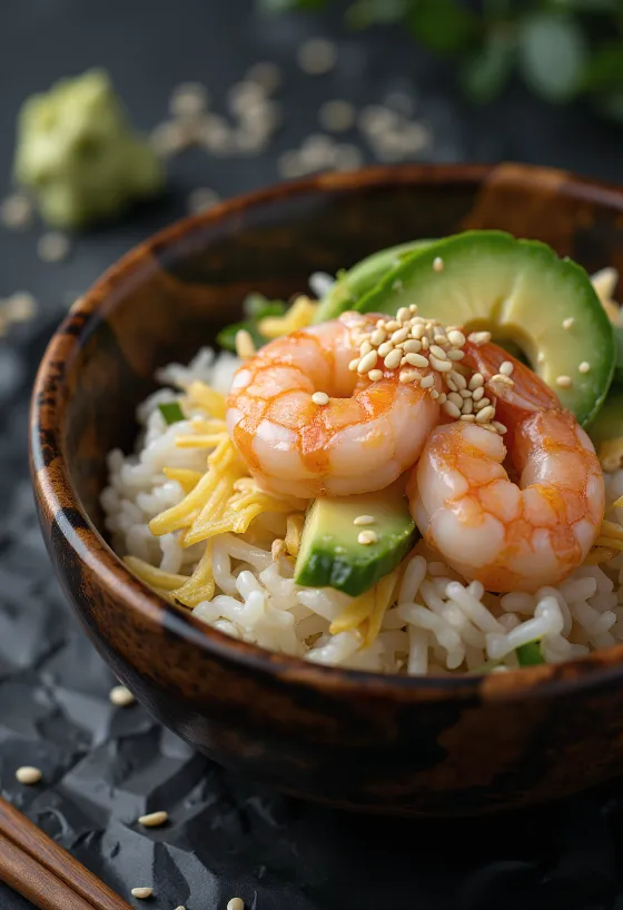 Chirashi met garnalen, sushirijst, avocado en sesamzaad geserveerd