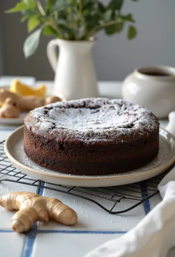 Chocolade-gembertaart bestrooid met poedersuiker