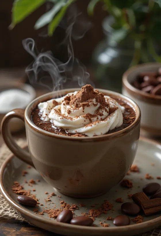 Warme chocolademelk versierd met slagroom