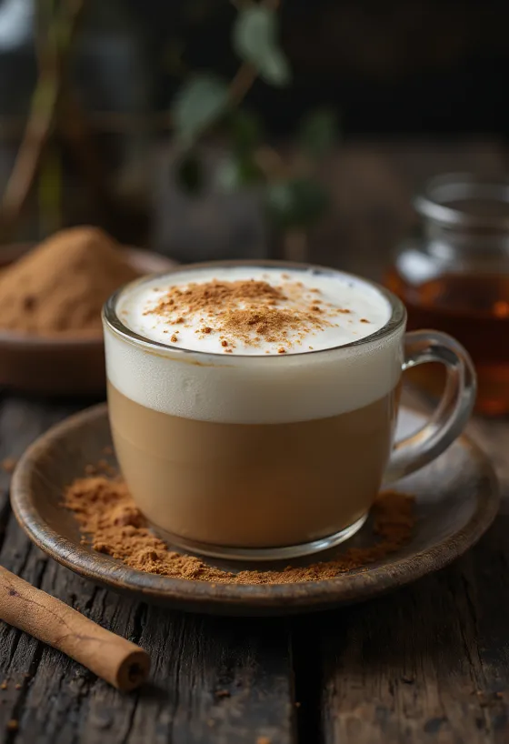 Honing-chai latte geserveerd met kaneelstokje en specerijen