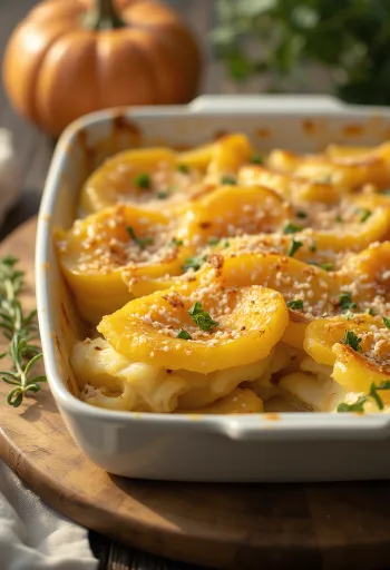 Aardappel-pompoengratin geserveerd