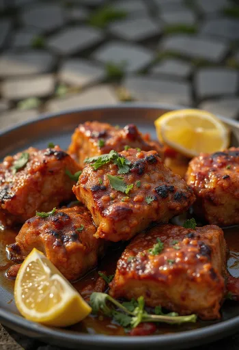 Tandoori geit geserveerd met naanbrood en verse koriander.