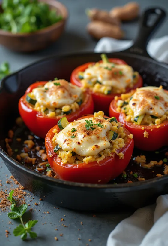 BBQ gegrilde paprika gevuld met courgette en kaas geserveerd
