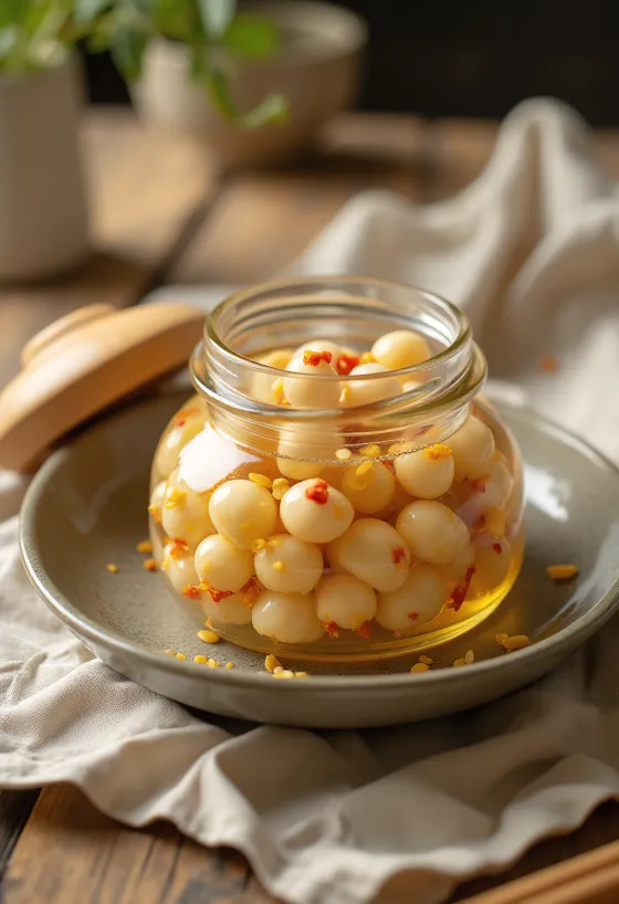 Pittige ingelegde lotusbloemzaden geserveerd