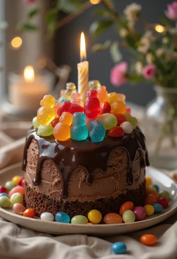 Snoep chocoladetaart versierd met kleurrijke snoepjes en parels