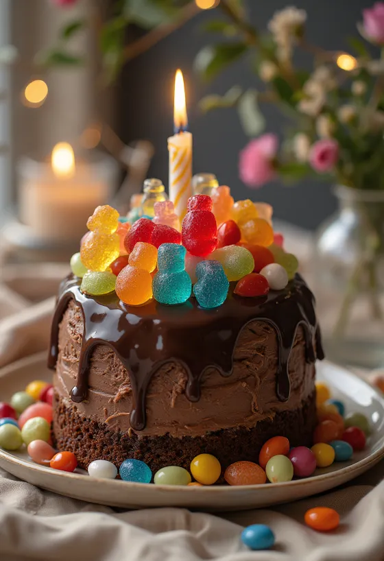 Snoep chocoladetaart versierd met kleurrijke snoepjes en parels