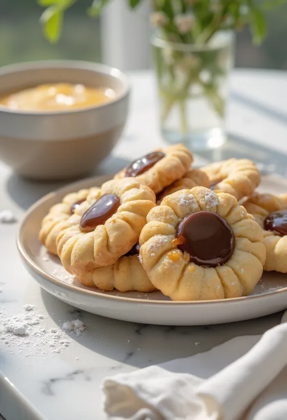 Karamel linzer koekjes geserveerd op een bord