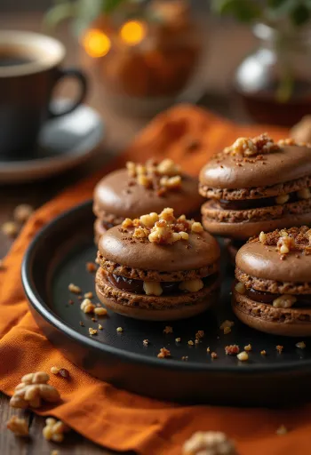 Macarons met koffie en gekaramelliseerde walnoten geserveerd