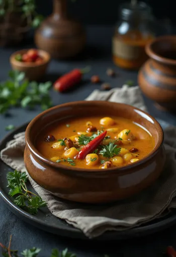 Rasam met tamarinde, geserveerd met verse koriander