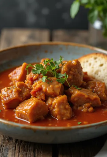 Varkenspörkölt geserveerd met aardappelen en verse peterselie