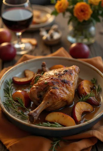 Krokant geroosterde eendenbout geserveerd met aardappelpuree en gestoofde kool