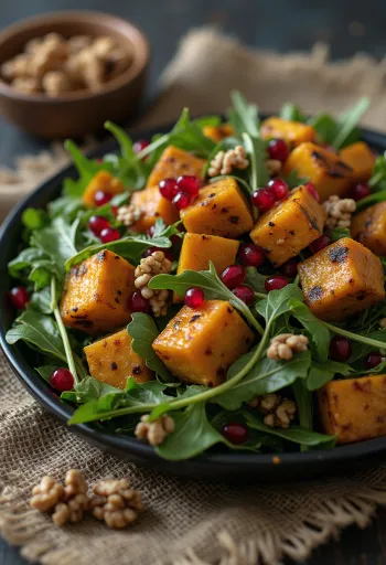 Salade met pompoen en tofu geserveerd