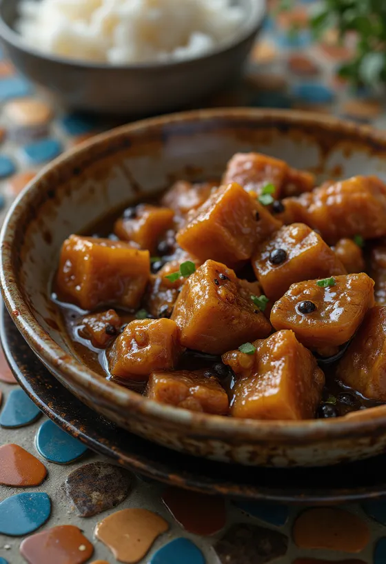 Varkensvlees Adobo, geserveerd met rijst en verse koriander