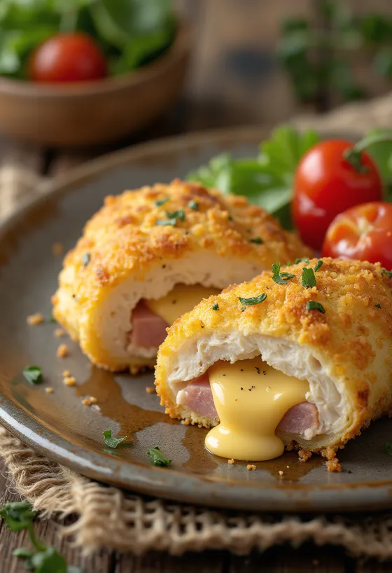 Cordon bleu geserveerd met verse salade en gebakken aardappelen