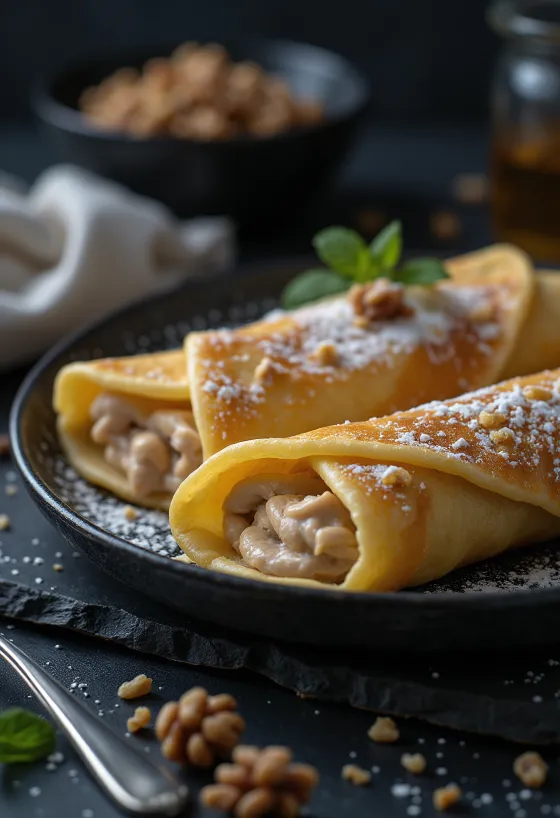 Pannenkoeken met walnoten geserveerd met chocoladesaus