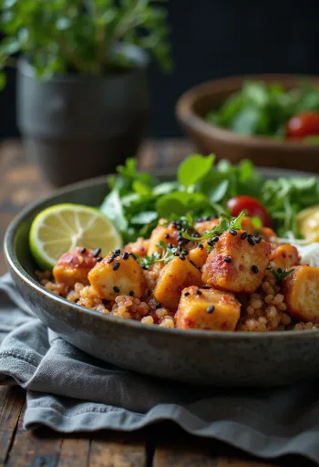 Buddha bowl met limoentofu en bieten-currytahin geserveerd
