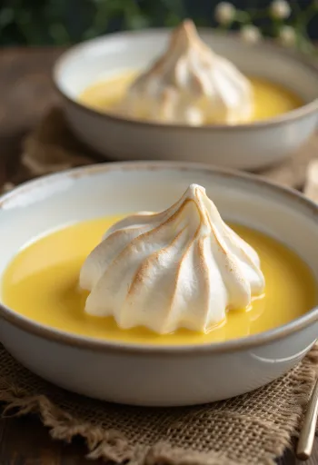 Île flottante geserveerd in glazen, versierd met vanillecrème en eiwitschuim