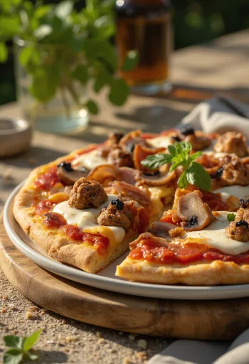 Pizza met wilde paddenstoelen, gerookt spek en mozzarella