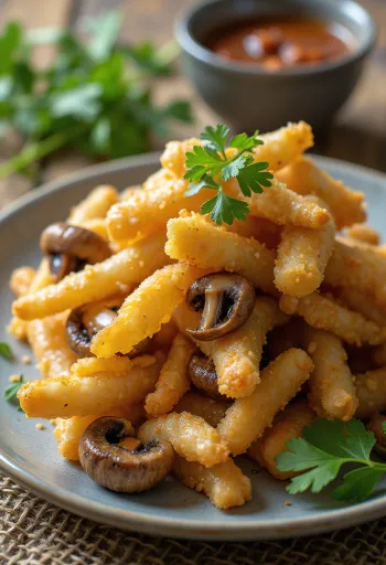 Kakiage van geroosterde paddenstoelen geserveerd met verse koriander