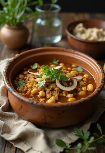 Pozole con setas geserveerd met limoen, koriander en verse bosui