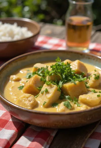Vatapá de peixe met koriander, kokosmelkvis geserveerd met verse koriander