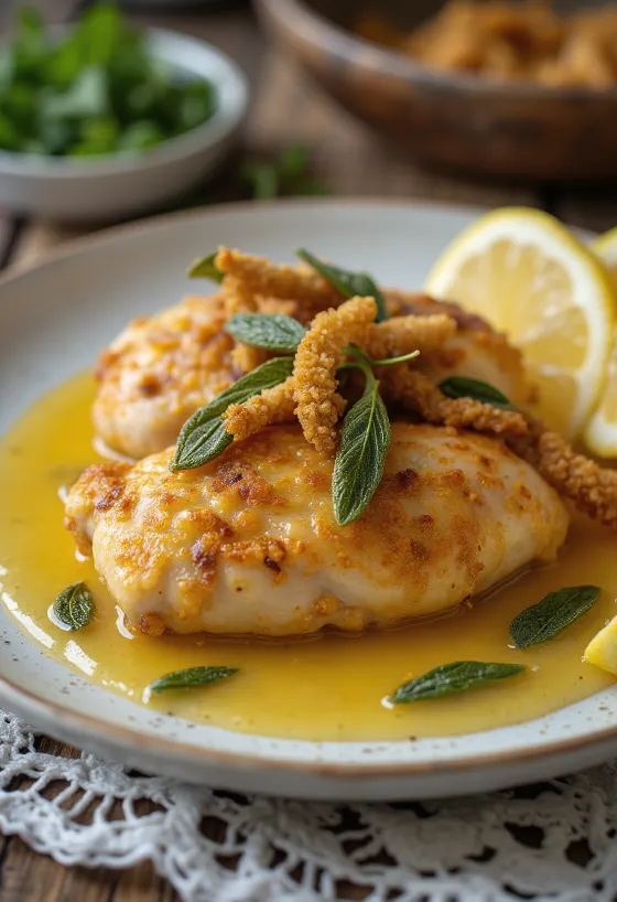 Kip met salie, met krokante huid en geserveerd met verse groene kruiden