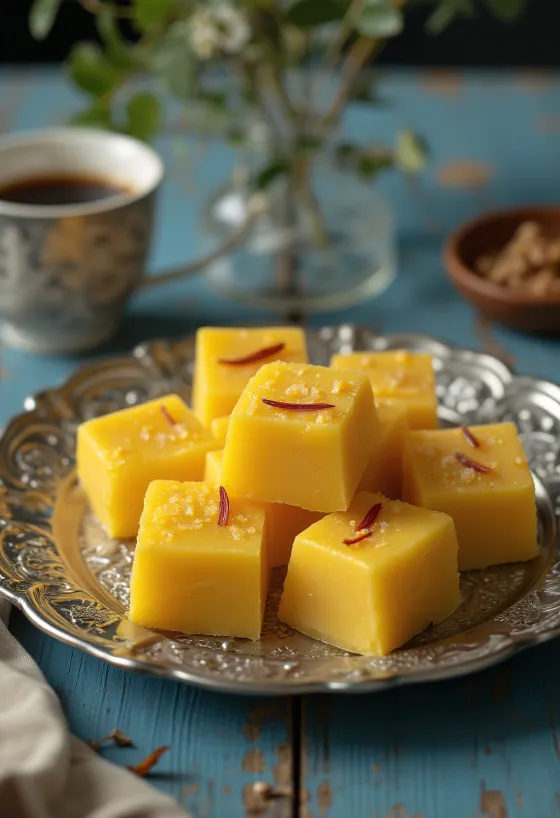 Saffraan Barfi, geserveerd met amandelen en saffraansmaak