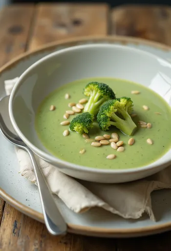 Broccolisoep geserveerd met geroosterde pitten