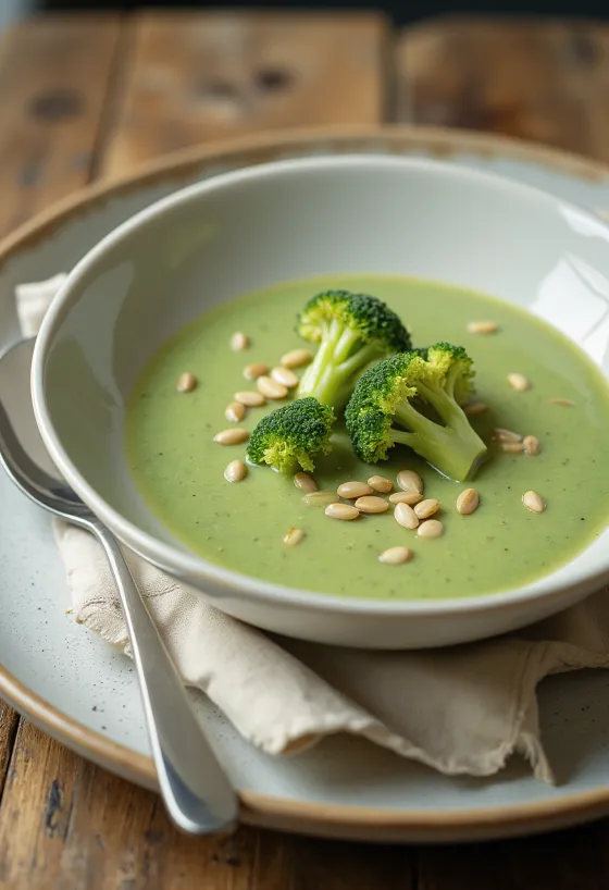 Broccolisoep geserveerd met geroosterde pitten