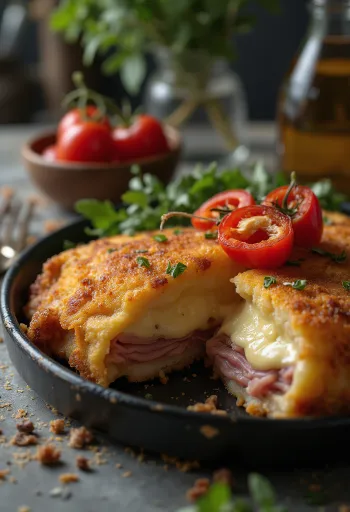 Cachopo geserveerd met friet en citroen