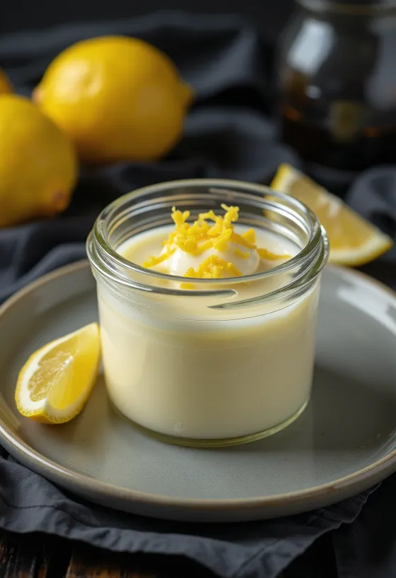 Panna cotta met citroen geserveerd