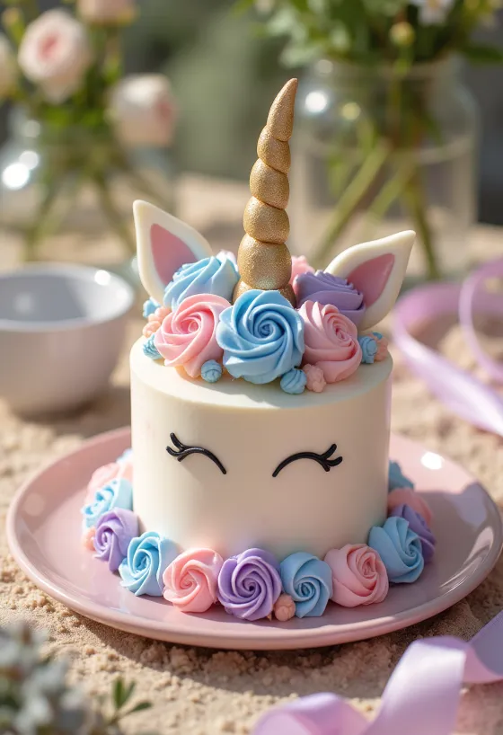 Eenhoorntaart met kleurrijke taartlagen en fondantdecoratie