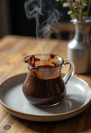 Pittige chocoladesaus geserveerd bij gebak