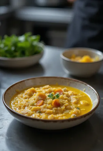 Khichdi met havermout, rijk aan voedingsstoffen, gegarneerd met verse koriander